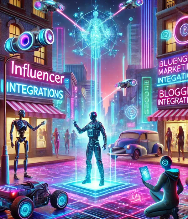 DALL·E 2024-12-16 22.03.52 - A futuristic cyberpunk-themed illustration of influencer marketing and blogger integrations, focusing on visuals only, with no text or letters. The sc